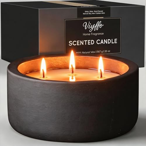 Viyffo 20oz Large Scented Candle - Dark Mahogany & Teakwood, 3 Wick Non Toxic Soy Candles for Women & Men, Matte Black Ceramic Jar, Luxury Home Fragrance, Elegant Room Decor & Premium Birthday Gift by Viyffo