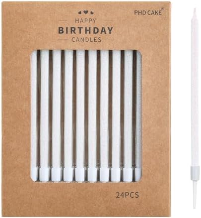 PHD CAKE Iridescent White Long Thin Metallic Birthday Candles, Cake Candles, Birthday Parties, Wedding Decorations, Party Candles by PHDCAKE