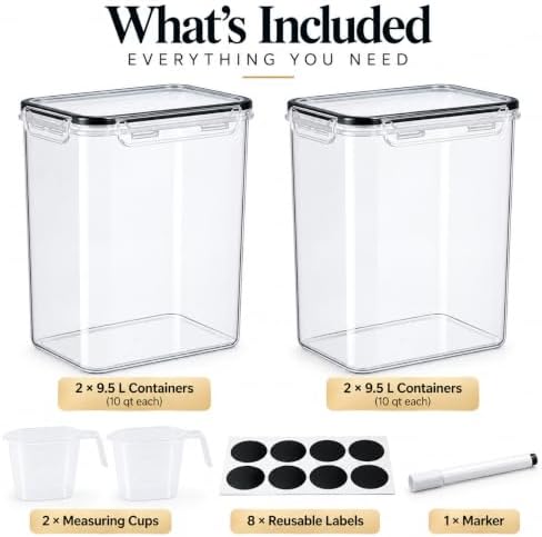 DWËLLZA KITCHEN Extra Large Flour and Sugar Storage Containers 9.5L Set of 2 Plastic Bulk Airtight Food Storage with Lids for Rice, Cereal, Pasta or Brown Sugar with Marker, Labels & Measuring Cups - Image 3