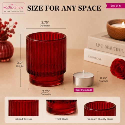 Kate Aspen Vintage Ribbed Red Glass Candle Holders Set of 6 - Votive & Tealight Candle Holder Decor for Holiday Table Decor, Christmas Dining Tablescape, Fall & Boho Home Accents (27206RD) - Image 6