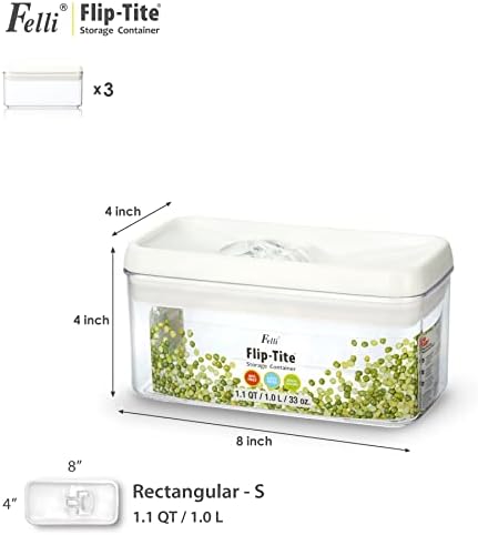 Felli Flip Tite Food Storage Container with Lid 4” RECTANGLE Airtight Ring Flip Lock Top, Stackable Acrylic Canister Set for Kitchen Fridge Pantry Organizer, Veggie Fruit Tea Bag Snack (1.1 qt) - Image 3