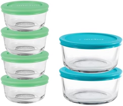 Anchor Hocking 12 Piece Glass Storage Containers with Lids (6 Glass Food Storage Containers & 6 Mixed Blue SnugFit Lids) by AnchorHocking