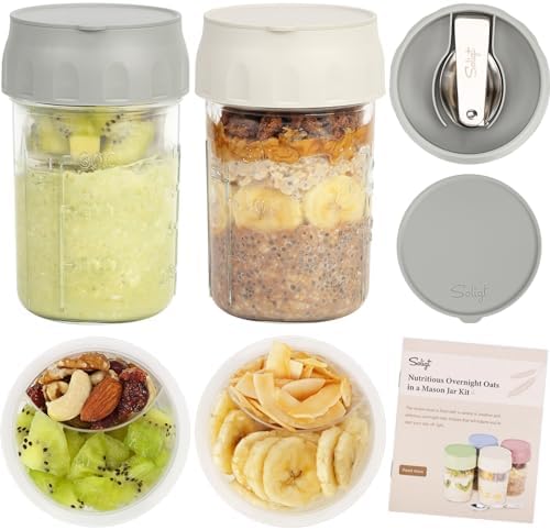 SOLIGT Overnight Oats Containers with Lids, Folding Spoons and Divided Compartment for Fruit & Nuts, Small Glass 16oz Mason Jars for Oatmeal Yogurt Parfait (2 Set-Smoke Gray/Oat White) by SOLIGT