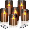 Flameless Candles 4" 5" 6" Acrylic Glass Pillars 3" Diameter Battery Operated Flickering Candles Include Remote with 24Hour Timer Function 400+ Hours by 2 AA Batteries (Gray, Warm Light 6 Pack) by wemarry