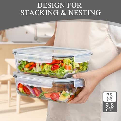 GEHE 9.8 Cup / 78 Oz Large Glass Food Storage Containers with Lids, 2 Pack Glass Meal Prep Containers Set with Airtight Locking Lids - Storing Food, Baking, Leakproof, Freezer, Microwave & Oven Safe - Image 6