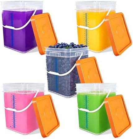 5 Pack 5 Gallon Square Plastic Bucket with Lids and Graduation Marks, Food Grade Clear Storage Containers for Kitchen & Industrial, BPA Free Heavy Duty Pail with Handle for Liquid, Paint, Grain by UMETASS