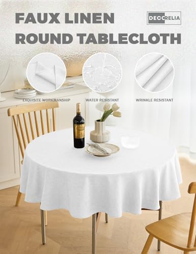 Decorelia White Faux Linen Round Tablecloths 70 inch, Waterproof Decorative Washable Texture Rustic Circle Table Cloth Cover for Dining Kitchen Party Farmhouse Outdoor (Round (4-6 Seats),White) - Image 3