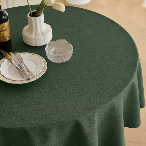 Decorelia Christmas Faux Linen Round Tablecloth, Decorative Fabric Waterproof Texture Farmhouse Table Cloth Cover for Dining Kitchen Party Indoor Outdoor Use (60 Inch, Round (2-4 Seats), Dark Green) - Image 2