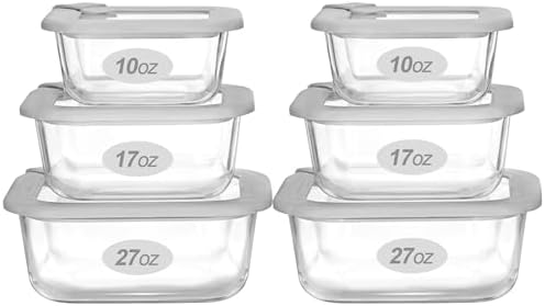 Glass Food Containers with Glass Lid, Microwave Safe Food Storage Container Set, 6 Pack Square Shape, Large Size Airtight Storage Set with Leak Proof Lids, Meal Prep Containers by Eco-Evo