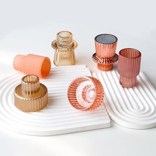Pink Candlestick Holders 12PCS Ribbed Glass Taper Candle Holders Set for Tealight Candlestick Candles, Table Centerpieces for Weddings Christmas Home Decor Indoor and Outdoor - Image 3