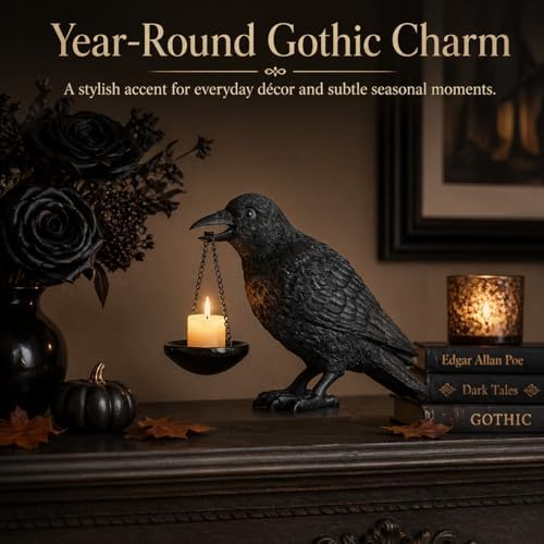 Gothic Crow Lamp with Tealight Candle Holder Raven Statue Halloween Decor Black Bird Decorations Indoor Gothic Home Decor for Living Room Tabletop Shelf Bedroom Unique Goth Witchy Gifts - Image 2