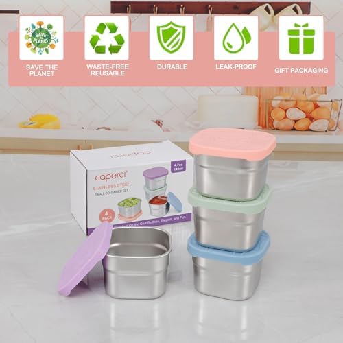 Caperci 4-Pack Stainless Steel Snack Containers with Silicone Lids - 4.7oz Reusable Small Food Containers for Snacks Condiments, Salad Dressing Container, Leak-Proof, BPA-Free - Image 7