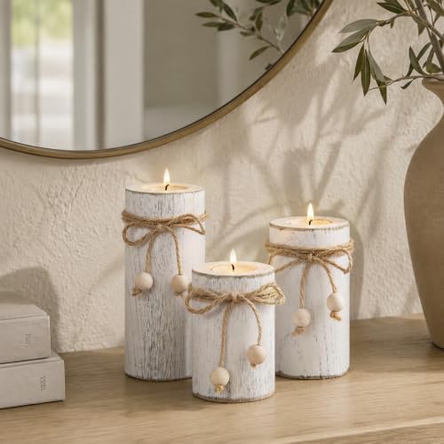 White Wooden Candle Holder with Flameless LED Candles Modern Boho Decor 3p - Image 3