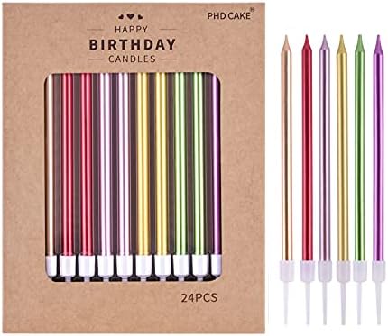 PHD CAKE Colorful Long Thin Metallic Birthday Candles, Gold Champagne Rose Gold Green Red Purple, Cake Candles, Birthday Parties, Wedding Decorations, Party Candles by PHDCAKE