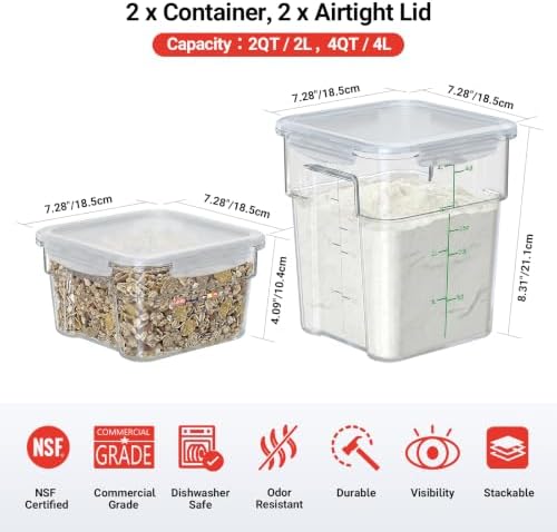 2 Pack Commercial Food Storage Container Set, 2 QT & 4 QT Airtight Clear Containers, Stackable Kitchen Storage Containers for Spices, Coffee Beans, Sugar and Dry Ingredients, Tall Model - Image 2