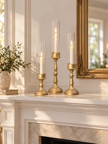 Romadedi Glass Hurricane Candle Holder, Gold Candlestick Holders, Set of 3 - Image 2