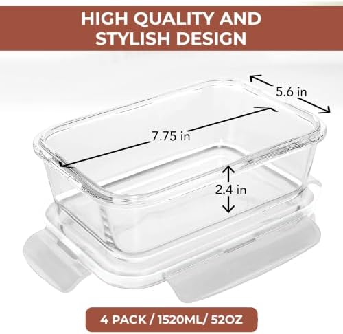 Razab 6.5 Cups / 52 Oz 4 Piece (2 Containers + 2 Lids) Glass Food Storage Containers Set with Airtight Locking Lids - For Storing, Baking & Serving BPA Free, Leakproof - Microwave, Freezer & Oven Safe - Image 2