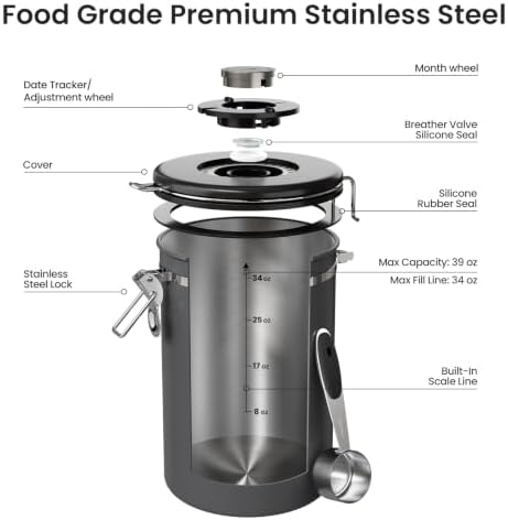 Veken Coffee Canister,39OZ, 2.2lbs,Large Airtight Stainless Steel Container - Image 5