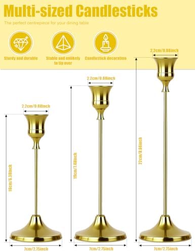 Set of 3 Brass Tapered Candle Holder,Candlestick Tall Metal Candlestick Holders for Table Centerpiece Home Decor for Wedding Fireplace Mantel Housewarming Gift Fits 3/4 Inch Thick Candles - Image 2