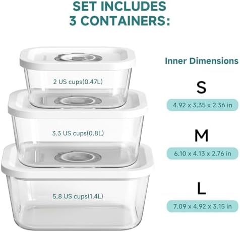 Mehomeli Glass Vacuum Seal Containers, 3-Piece Set, Small Medium Large - Image 4