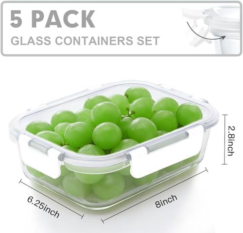 VERONES 5 PACK 36 OZ Glass Meal Prep Containers Set with Lids, White - Image 2