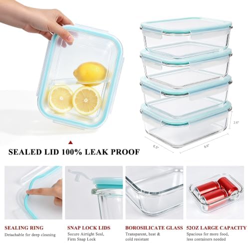 GEHE 4 Pack 52oz Glass Food Storage Containers with Lids, Large Glass Storage Containers with Airtight Lids, Meal Prep Container for Storing & Serving, Leak Proof, BPA Free, Microwave/Oven Safe - Image 4