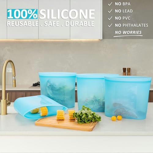 Reusable Food Storage Bags Extra Large, 0.8 Gallon/101 fl.oz/3000 ml, 4 Pack 100% Silicone Food Storage Bags Stand-Up Wide-Mouth Zip-Lock for Large Items, Freezer Microwave Oven Dishwasher Safe, Blue - Image 2