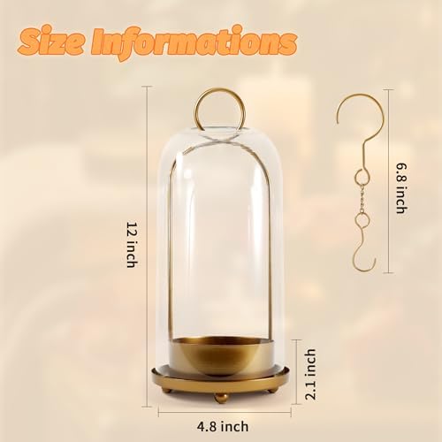 Hurricane Glass Candle Holder, Large Brass Lanterns Hurricane Candlestick Holder for Pillar Candles Vintage, Gold Metal Rustic Farmhouse Decor with Hook Chains - Image 3