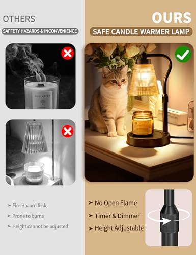 Candle Warmer Lamp for Jar Candles, Height Adjustable & Dimmable with 2/4/8H Timer, 2*50W Halogen Wax Melter Warmer for Home Office Décor, Flameless & Smokeless, Gift for Women Mom,Black-Amber/1 Pack - Image 2