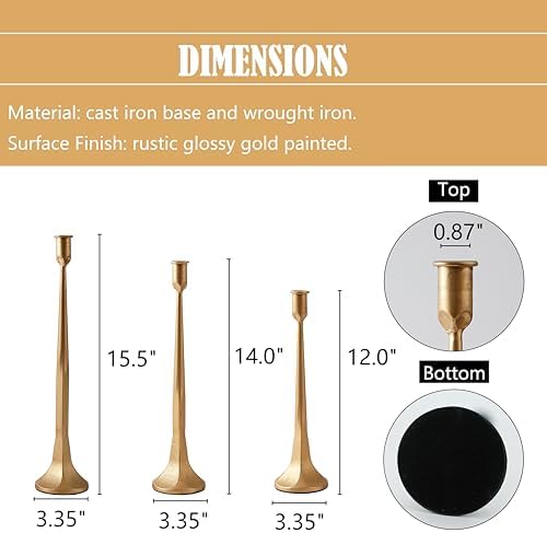 Denique Iron Taper Candle Holder Set of 3, Gold Candlestick Holders Decorative Candle Stand, Tapered Candle Holders Tall Set for Wedding, Dining Table, Home Decoration (Gold) - Image 2