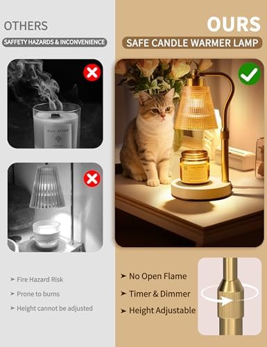 Candle Warmer Lamp for Jar Candles, Height Adjustable & Dimmable with 2/4/8H Timer, 2*50W Halogen Wax Melter Warmer for Home Office Décor, Flameless & Smokeless, Gift for Women Mom,Gold- Amber/1 Pack - Image 2