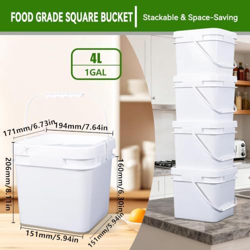 1 Gallon Food Storage Buckets with Lids, 4 Pack Square BPA Free Plastic Containers with Handles and Labels for Rice, Flour, Snacks and Kitchen Storage (White) - Image 2