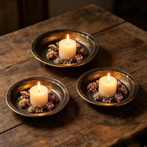 Candle Holder Set of 3 Iron Candle Holder Tray, Retro Round Plate - Image 2