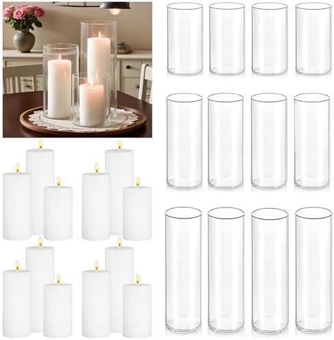 24 Pcs White Pillar Candles with Glass Candle Holder Hurricane Glass Candle Holders Clear Cylinder Vases for Centerpieces Wedding Office Party Home Table Decor by Unknown