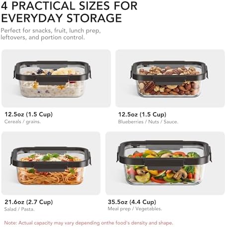 GENICOOK Glass Meal Prep Containers with Glass Lids, 4 Set Airtight Glass Food Storage Containers, Borosilicate Glass Lunch Containers for Healthy Meal Prep, Microwave Oven Dishwasher Safe, BPA Free - Image 4
