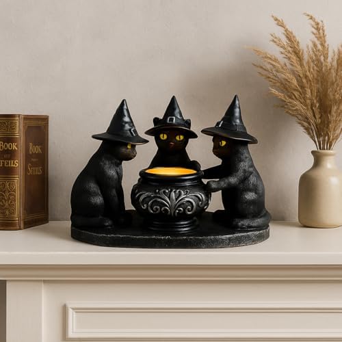 Halloween Black Cat Candle Holder with Witch Hats, Gothic Cauldron Decor - Image 6