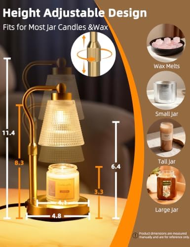Candle Warmer Lamp for Jar Candles, Height Adjustable & Dimmable with 2/4/8H Timer, 2 * 50W Halogen Wax Melter Warmer for Home Office Décor, Flameless & Smokeless, Gift for Women Mom,Gold-Clear - Image 6