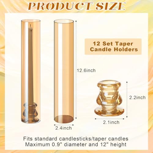 Teenyyou 12 Set Glass Hurricane Candle Holders Candlestick Bulk 12.6",Amber - Image 2