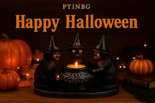 Halloween Black Cat Candle Holder with Witch Hats, Gothic Cauldron Decor - Image 5