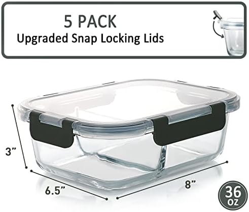 M MCIRCO 5 Pack,36 oz, 2 Compartments Glass Meal Prep Containers with Lids - Image 2