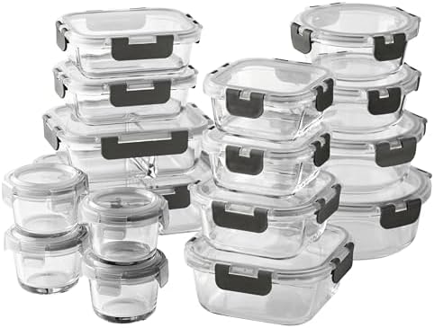 COOK WITH COLOR Premium 32-Pc. Borosilicate Glass Food Container Set with Dividers - 4 Rectangles, 8 Rounds, 4 Squares - Leakproof Lids - Meal Prep, Storage, Ombre Black by CookwithColor