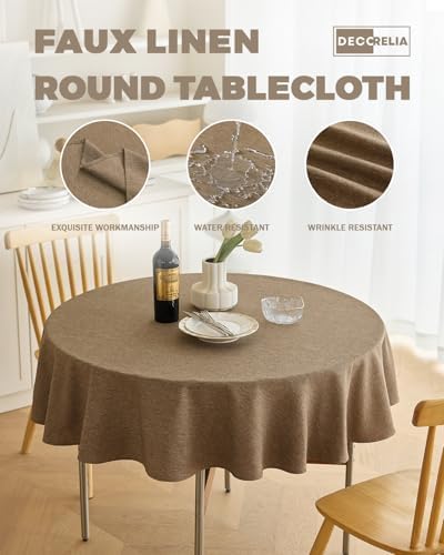 Decorelia Waterproof Kitchen Faux Linen Round Tablecloth, Decorative Fabric Burlap Texture Farmhouse Soft Table Cloth Cover for Dining Party Indoor Outdoor Use (60 Inch, Round (2-4 Seats), Coffee) - Image 3