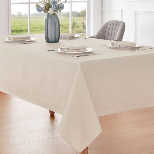 Veblandy Rectangle 4 Feet Tablecloth 60x84 inch Linen Textured Table Cloth Stain and Wrinkle Resistant Washable Polyester, Decorative Table Cover Waterproof for Dining, Buffet and Camping, Beige - Image 2