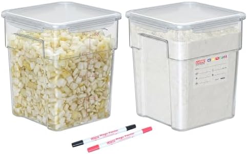 2 Pack 8 QT Polycarbonate Commercial Food Storage Containers with Airtight Lids, Clear, Stackable Ingredient Food Storage Containers for Flour, Sugar, Rice, and Food Prep, 2 Markers Included by GATBO