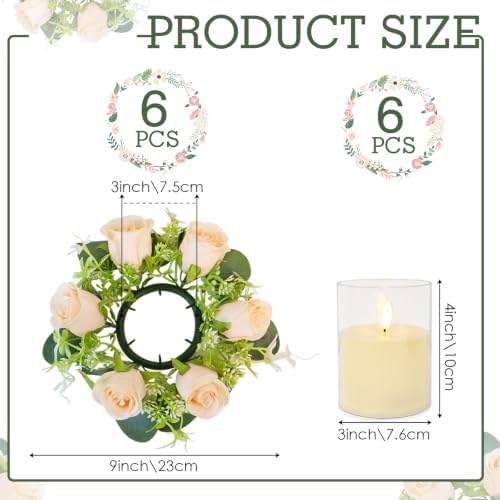 Champagne Rose Candle Rings with Flameless Candles Sets - 12PCS Artificial Flower Eucalyptus Wedding Centerpiece 3 Inch Pillar Candleholders Wreaths for Wedding Party (Champagne White-6 Sets) - Image 3