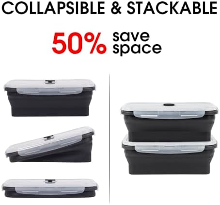Collapsible Food Storage Containers with Lids, 8 Pack, 40 oz Silicone 1-Compartment Meal Prep Containers Reusable, Lunch Bento Boxes for Adults, Microwave Freezer Dishwasher Safe, BPA-Free, Black - Image 4