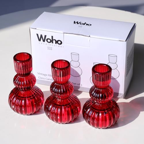 Woho 3pcs Red Taper Candle Holders Glass, Candlestick Holders for Christmas - Image 4