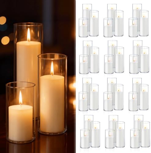 Homjoy 72 PCS White Pillar Candles with Glass Candle Holders Clear Hurricane Candle Holders Glass Cylinder Vases for Centerpieces Wedding Party, Event, Home Office (36 Candles+36 Candle Hoders) by Homjoy