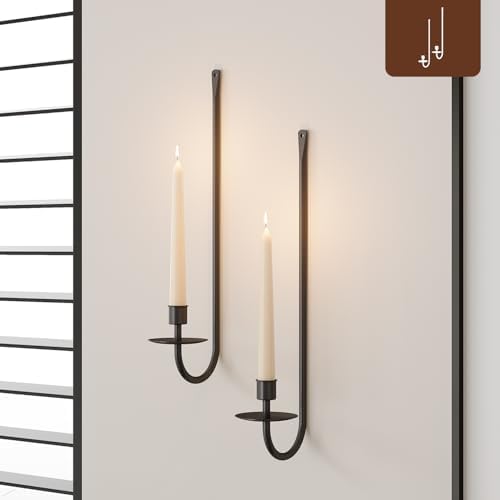 Metal Wall Candle Sconce Holder Set of 2 Wall Mount Candle Holder Pillar Holder Black Modern Wall Candle Sconces Hanging for Living Room Farmhouse Fireplace Wedding by WOLAOJA