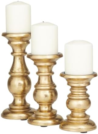 Deco 79 Mango Wood Decorative Candle Holder Turned Style Pillar Candle Stand, Set of 3 Candlestick Holder 10", 8", 6"H, Gold - Image 2